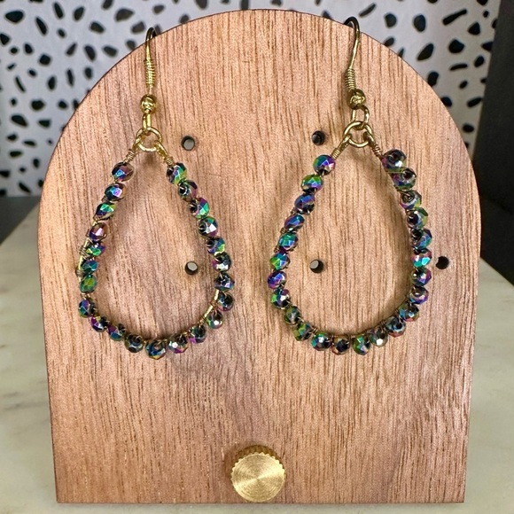 AB Crystal Beaded Wire Wrapped Handmade Teardrop Shape Dangle Earrings - Picture 3 of 6